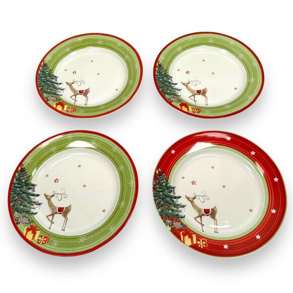Spode Christmas Jubilee Salad Plate 8" Reindeer Tree Lot of 4 Green Red White - Picture 1 of 7